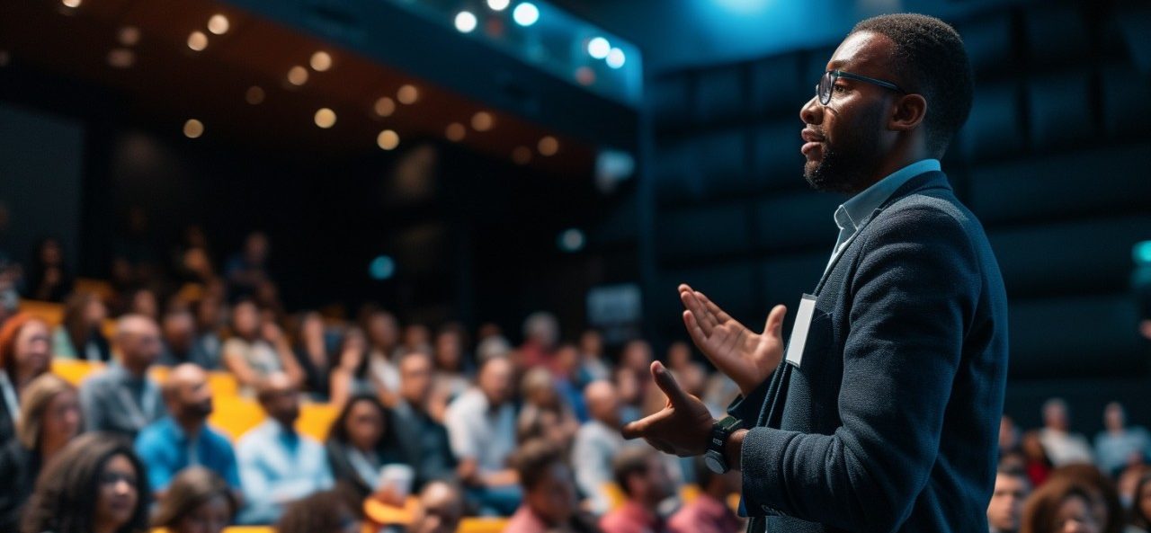 A speaker addresses a seated audience